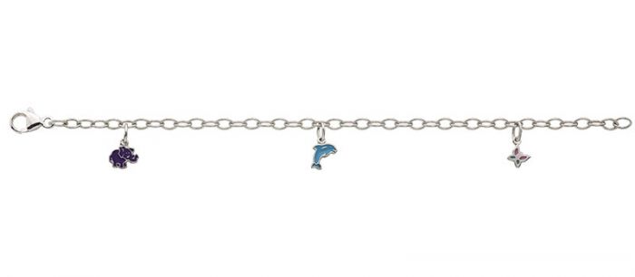 Bracelet en argent 925 Breloque dauphin, éléphant, papillon, 3.5mm, 16cm