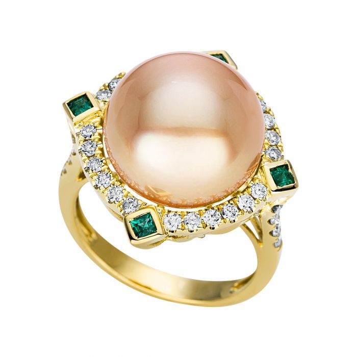 Ring 750/18K Gelbgold Diamant 0.6ct. Smaragd 0.2ct. Südsee Perle