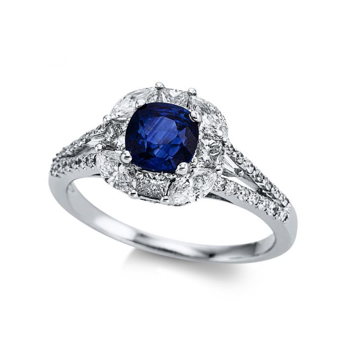 Ring 750/18K Weissgold Diamant 1.13ct. Safir 1.14ct. 
