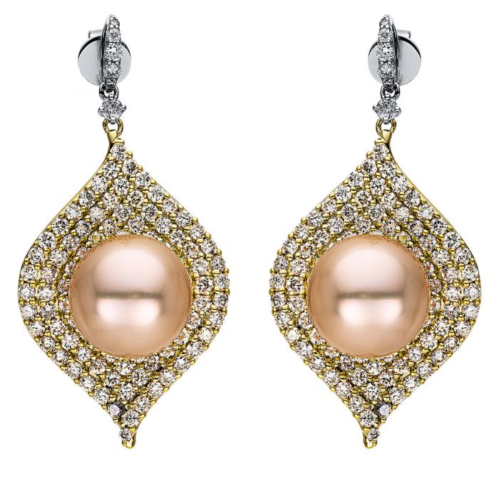 Stud earrings 585/14K white gold/yellow gold diamond 4.08ct. South Sea pearl