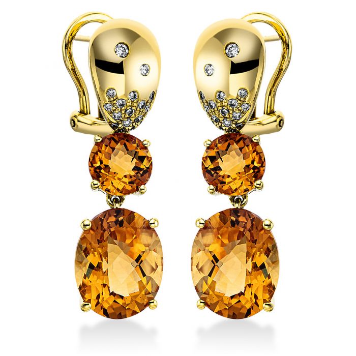Earrings 750/18K yellow gold diamond 0.22ct. Citrine 10.7ct. 