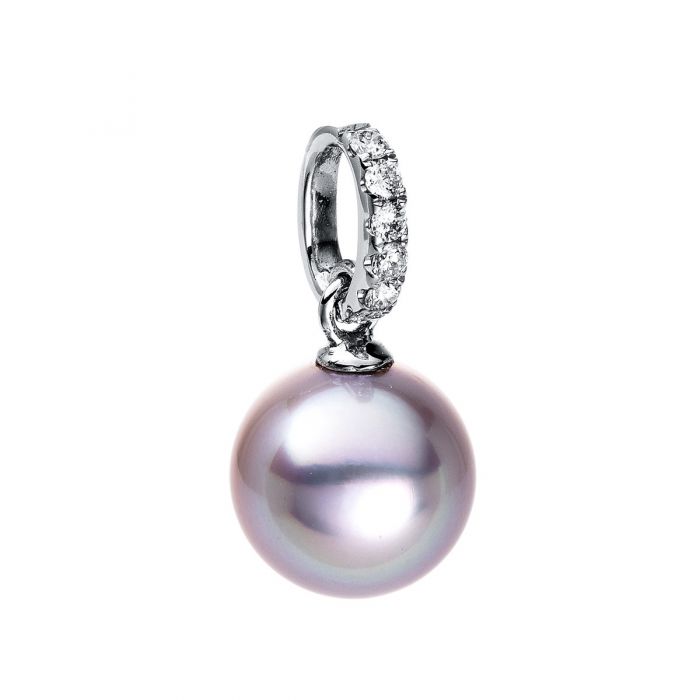 Pendentif or blanc 750/18K diamant 0.13ct. Perle de Tahiti