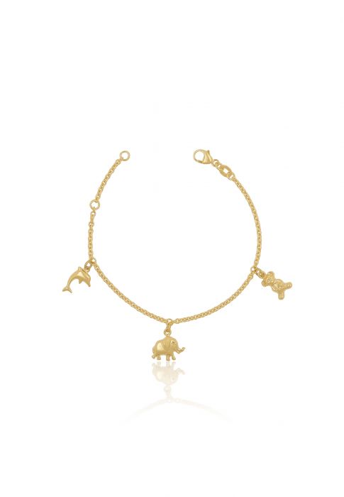 Bracelet round anchor yellow gold 750 charm bear, elephant, dolphin, 2mm, 16cm