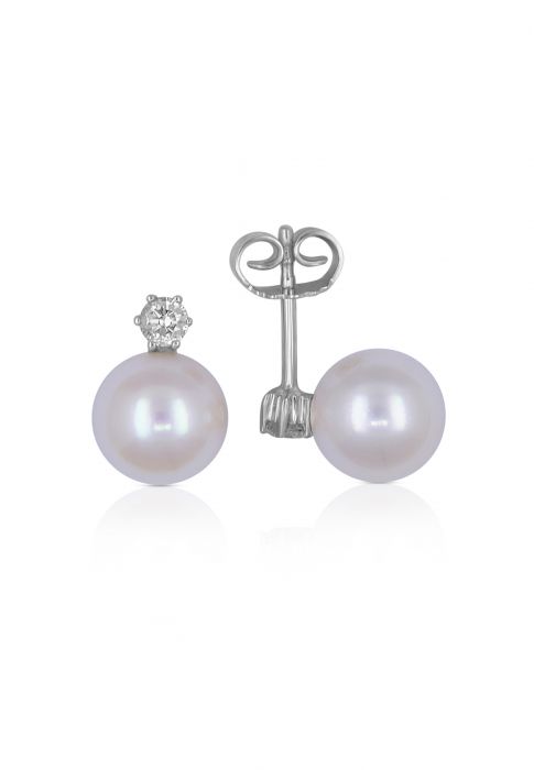 Boucles d'oreilles or blanc 750 perle d'Akoya 7.5-8mm brillant 0.20ct.