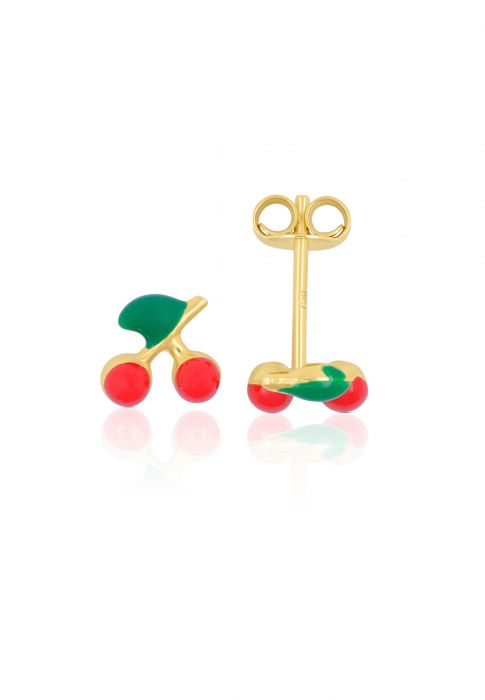 Stud earrings cherries yellow gold 750 red/green 7mm