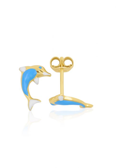 Stud earrings Dolphins yellow gold 750 light blue/white 11mm