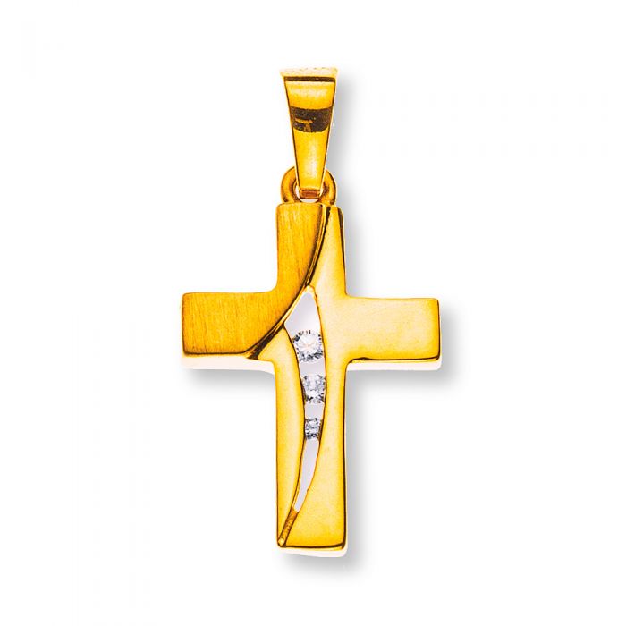 Pendentif croix en or jaune 750, 24x12mm, motif de vagues de diamants 0,04ct. 