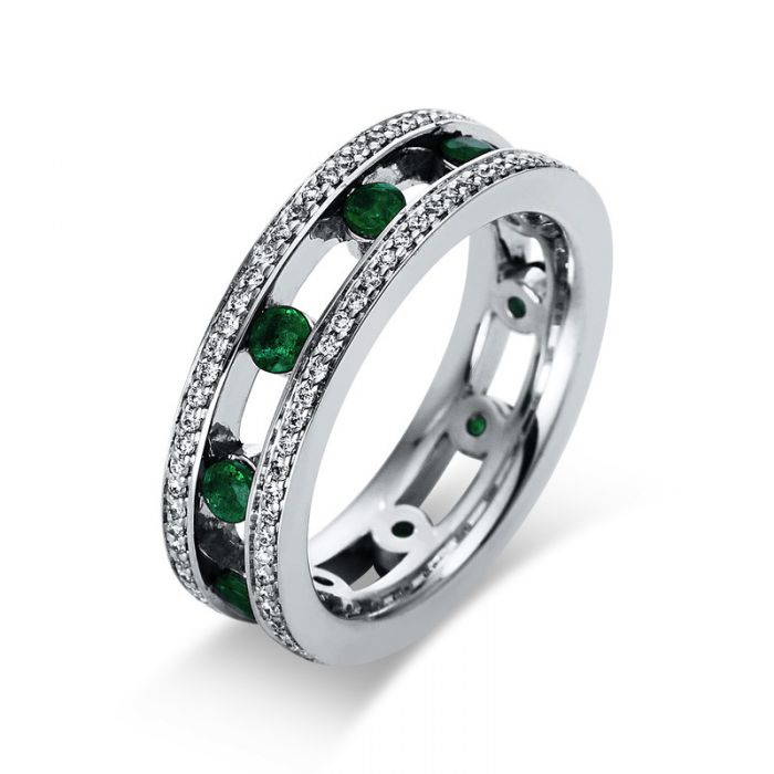 Mémoire-Ring 750/18K Weissgold Diamant 0.38ct. Smaragd 0.62ct. 