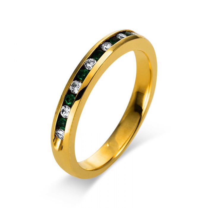 Mémoire-Ring 750/18K Gelbgold Diamant 0.13ct. Smaragd 0.14ct. 