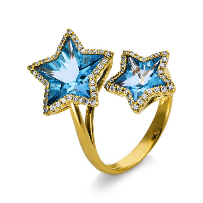 Ring 750/18K Gelbgold Sterne Diamant 0.33ct. Blautopas 4.55ct. 