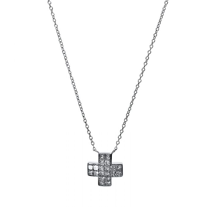 Collier 750/18K Weissgold Kreuz Diamant 0.6ct. 42 cm