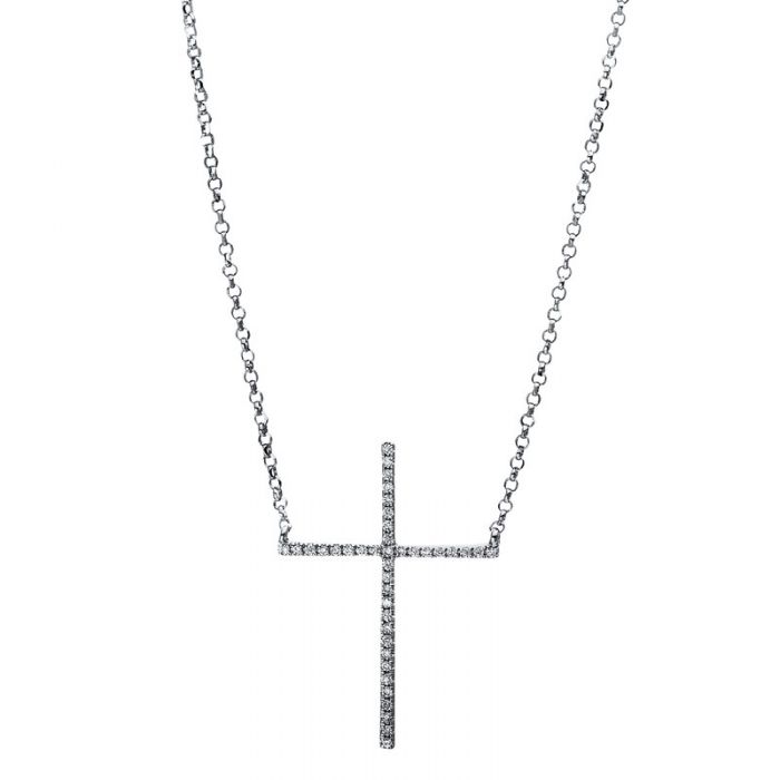 Collier or blanc 750/18K croix diamant 0.07ct. 42 cm